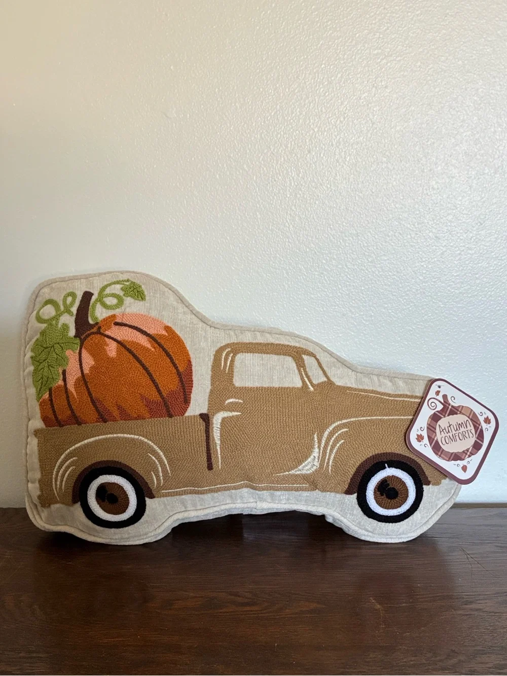 NWT 11x17- Super Soft- Embroidered-Tan Farm Truck w/ Pumpkin Decorative Pillow